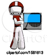 Poster, Art Print Of White Football Player Man Holding Laptop Computer Presenting Something On Screen