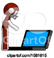 Poster, Art Print Of White Football Player Man Using Large Laptop Computer Side Orthographic View