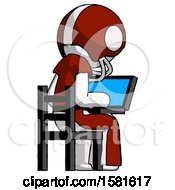White Football Player Man Using Laptop Computer While Sitting In Chair View From Back