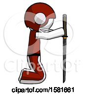 Poster, Art Print Of White Football Player Man Kneeling With Ninja Sword Katana Showing Respect