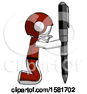 White Football Player Man Posing With Giant Pen In Powerful Yet Awkward Manner