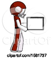 Poster, Art Print Of White Football Player Man Show Tablet Device Computer To Viewer Blank Area