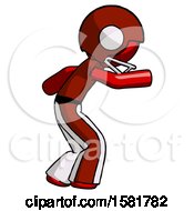 Red Football Player Man Sneaking While Reaching For Something