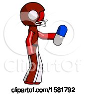Red Football Player Man Holding Blue Pill Walking To Right