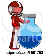 Poster, Art Print Of Red Football Player Man Standing Beside Large Round Flask Or Beaker