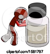 Red Football Player Man Pushing Large Medicine Bottle