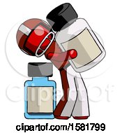 Poster, Art Print Of Red Football Player Man Holding Large White Medicine Bottle With Bottle In Background