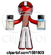 Poster, Art Print Of Red Football Player Man Holding Two Medicine Bottles