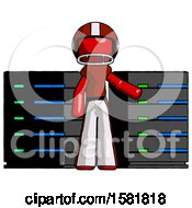 Red Football Player Man With Server Racks In Front Of Two Networked Systems