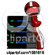 Poster, Art Print Of Red Football Player Man Resting Against Server Rack Viewed At Angle