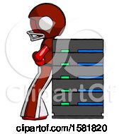 Poster, Art Print Of Red Football Player Man Resting Against Server Rack