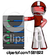 Red Football Player Man With Server Rack Leaning Confidently Against It