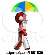 Poster, Art Print Of Red Football Player Man Walking With Colored Umbrella