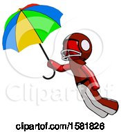 Red Football Player Man Flying With Rainbow Colored Umbrella