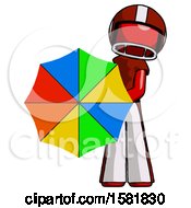 Poster, Art Print Of Red Football Player Man Holding Rainbow Umbrella Out To Viewer