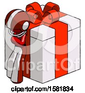 Poster, Art Print Of Red Football Player Man Leaning On Gift With Red Bow Angle View