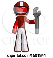 Red Football Player Man Holding Wrench Ready To Repair Or Work