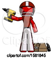 Poster, Art Print Of Red Football Player Man Holding Drill Ready To Work Toolchest And Tools To Right