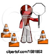 Poster, Art Print Of Red Football Player Man Holding Stop Sign By Traffic Cones Under Construction Concept