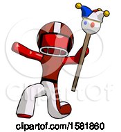 Poster, Art Print Of Red Football Player Man Holding Jester Staff Posing Charismatically