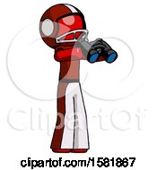 Poster, Art Print Of Red Football Player Man Holding Binoculars Ready To Look Right