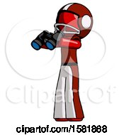 Poster, Art Print Of Red Football Player Man Holding Binoculars Ready To Look Left