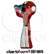 Red Football Player Man Looking Through Binoculars To The Left