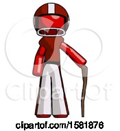 Red Football Player Man Standing With Hiking Stick