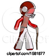 Red Football Player Man Walking With Hiking Stick