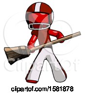 Red Football Player Man Broom Fighter Defense Pose