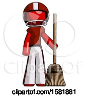 Red Football Player Man Standing With Broom Cleaning Services