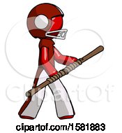 Poster, Art Print Of Red Football Player Man Holding Bo Staff In Sideways Defense Pose