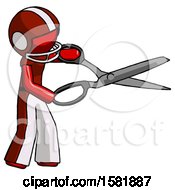 Poster, Art Print Of Red Football Player Man Holding Giant Scissors Cutting Out Something