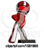 Poster, Art Print Of Red Football Player Man Cleaning Services Janitor Sweeping Floor With Push Broom