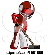 Poster, Art Print Of Red Football Player Man Cleaning Services Janitor Sweeping Side View