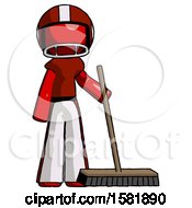 Poster, Art Print Of Red Football Player Man Standing With Industrial Broom