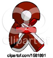 Poster, Art Print Of Red Football Player Man Sitting With Head Down Facing Sideways Right