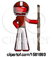 Red Football Player Man Holding Staff Or Bo Staff