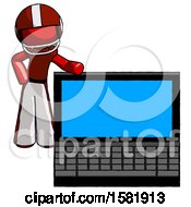 Poster, Art Print Of Red Football Player Man Beside Large Laptop Computer Leaning Against It