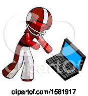Red Football Player Man Throwing Laptop Computer In Frustration