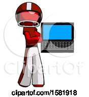 Poster, Art Print Of Red Football Player Man Holding Laptop Computer Presenting Something On Screen