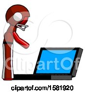 Poster, Art Print Of Red Football Player Man Using Large Laptop Computer Side Orthographic View