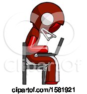Poster, Art Print Of Red Football Player Man Using Laptop Computer While Sitting In Chair View From Side