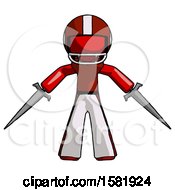 Poster, Art Print Of Red Football Player Man Two Sword Defense Pose