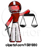 Poster, Art Print Of Red Football Player Man Justice Concept With Scales And Sword Justicia Derived