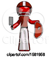 Red Football Player Man Holding Large Steak With Butcher Knife
