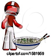 Poster, Art Print Of Red Football Player Man And Noodle Bowl Giant Soup Restaraunt Concept