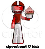 Poster, Art Print Of Red Football Player Man Presenting Pink Cupcake To Viewer
