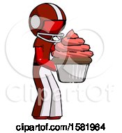 Poster, Art Print Of Red Football Player Man Holding Large Cupcake Ready To Eat Or Serve