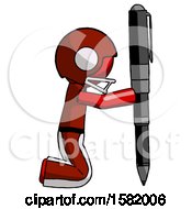 Red Football Player Man Posing With Giant Pen In Powerful Yet Awkward Manner